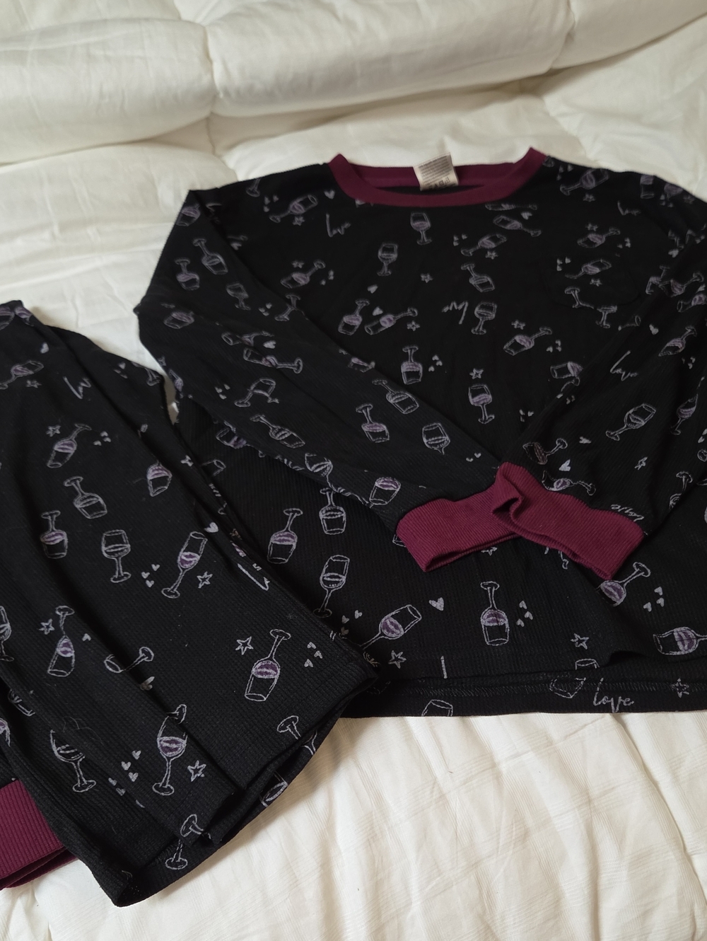 Serra Black Pajama Set with Purple Wine Glass Print